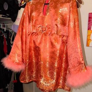 Elegant Orange Mini Dress with Fur Trim